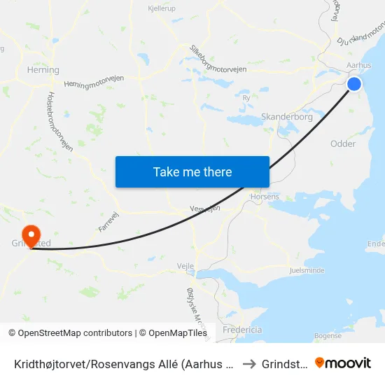Kridthøjtorvet/Rosenvangs Allé (Aarhus Kom) to Grindsted map