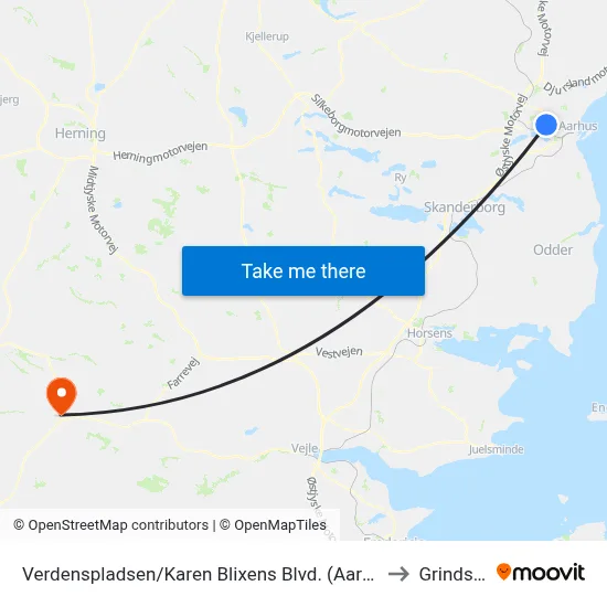 Verdenspladsen/Karen Blixens Blvd. (Aarhus Kom) to Grindsted map