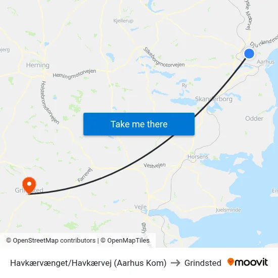 Havkærvænget/Havkærvej (Aarhus Kom) to Grindsted map