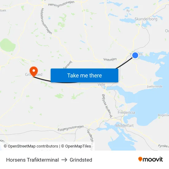Horsens Trafikterminal to Grindsted map