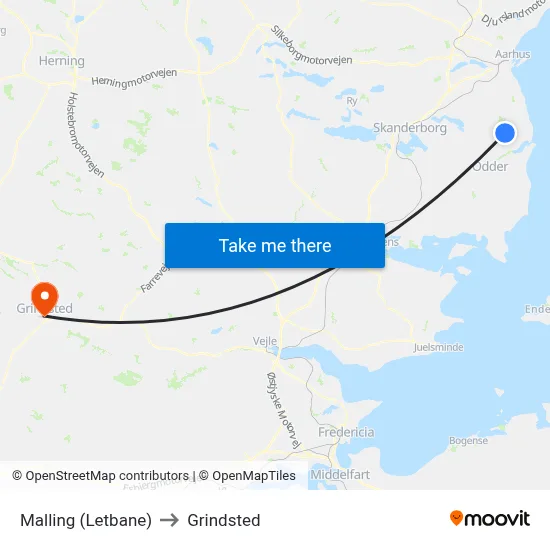 Malling (Letbane) to Grindsted map