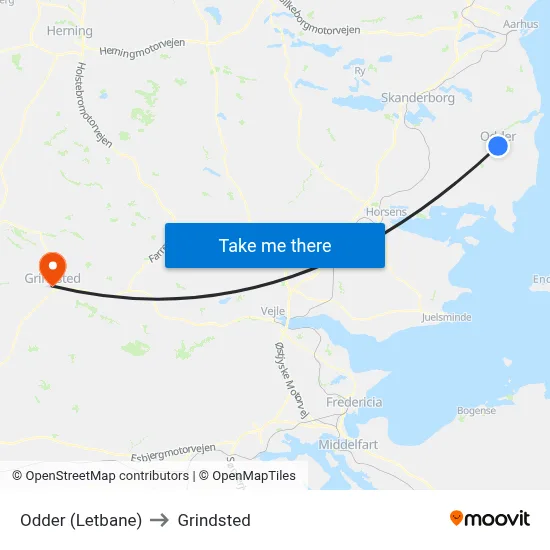 Odder (Letbane) to Grindsted map