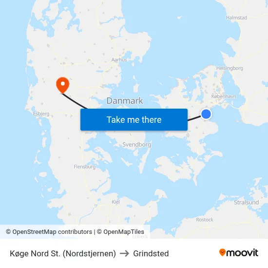 Køge Nord St. (Nordstjernen) to Grindsted map