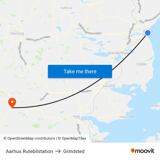 Aarhus Rutebilstation to Grindsted map