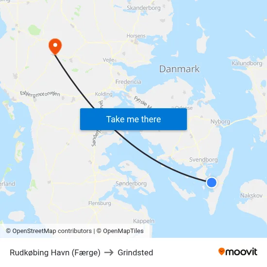 Rudkøbing Havn (Færge) to Grindsted map