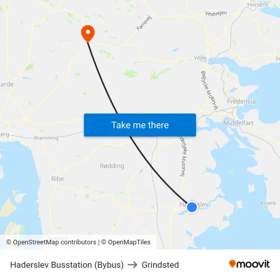 Haderslev Busstation (Bybus) to Grindsted map