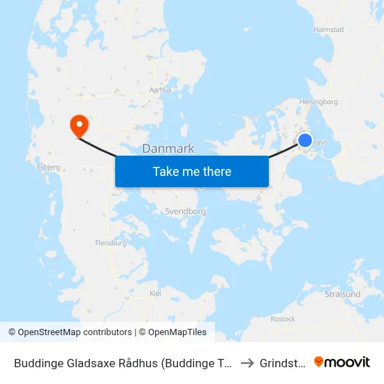 Buddinge Gladsaxe Rådhus (Buddinge Torv) to Grindsted map