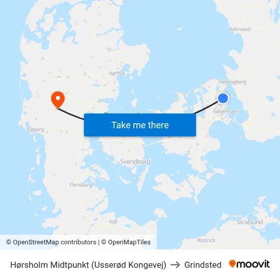 Hørsholm Midtpunkt (Usserød Kongevej) to Grindsted map