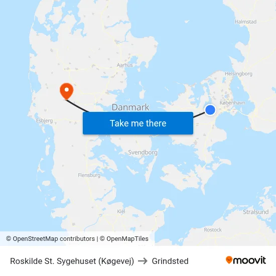 Roskilde St. Sygehuset (Køgevej) to Grindsted map