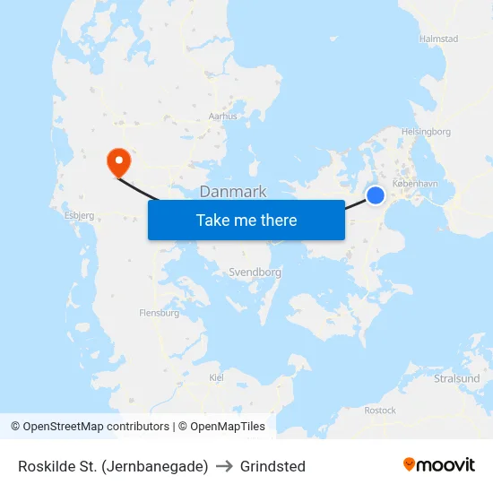Roskilde St. (Jernbanegade) to Grindsted map
