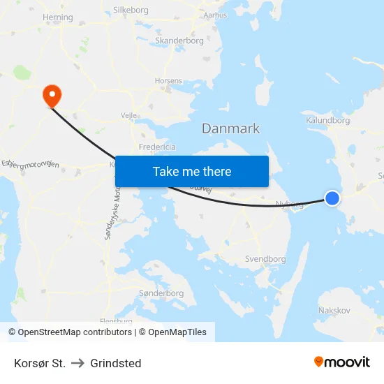 Korsør St. to Grindsted map