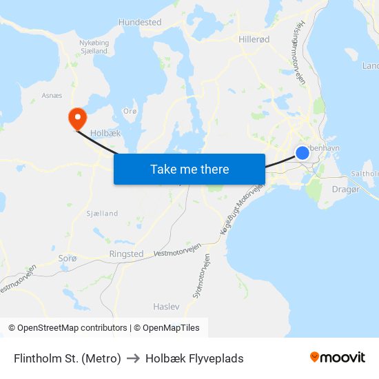 Flintholm St. (Metro) to Holbæk Flyveplads map