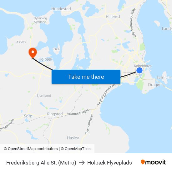 Frederiksberg Allé St. (Metro) to Holbæk Flyveplads map