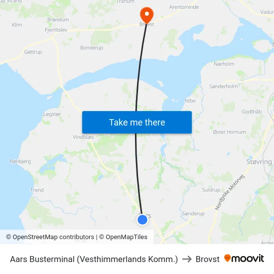 Aars Busterminal (Vesthimmerlands Komm.) to Brovst map
