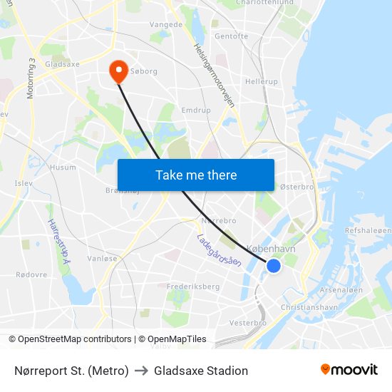 Nørreport St. (Metro) to Gladsaxe Stadion map