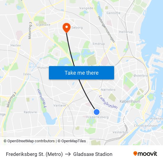 Frederiksberg St. (Metro) to Gladsaxe Stadion map