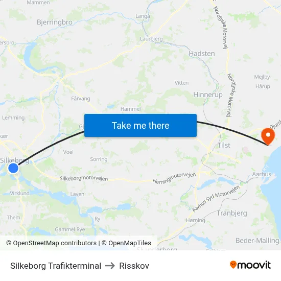 Silkeborg Trafikterminal to Risskov map
