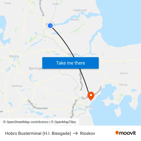 Hobro Busterminal (H.I. Biesgade) to Risskov map