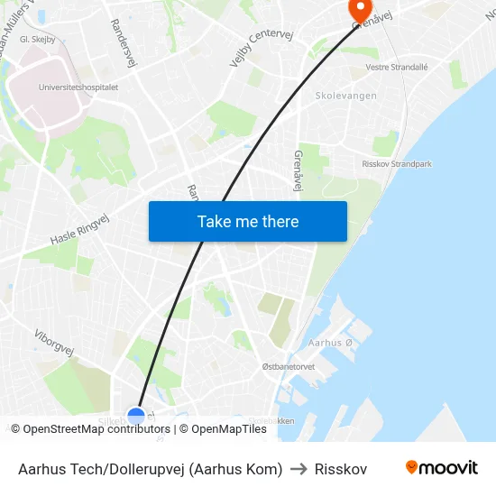 Aarhus Tech/Dollerupvej (Aarhus Kom) to Risskov map