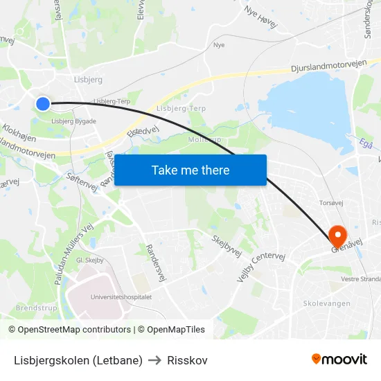 Lisbjergskolen (Letbane) to Risskov map