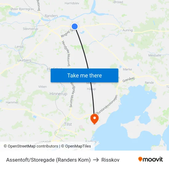 Assentoft/Storegade (Randers Kom) to Risskov map