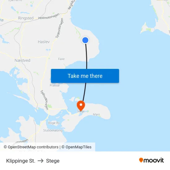 Klippinge St. to Stege map