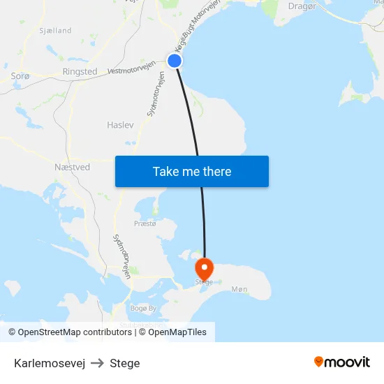 Karlemosevej to Stege map