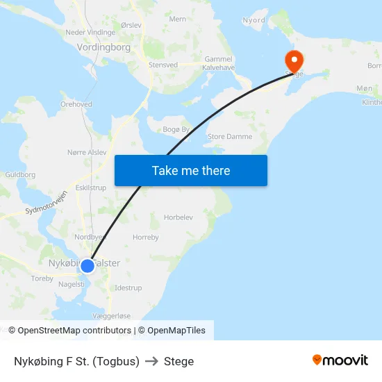 Nykøbing F St. (Togbus) to Stege map