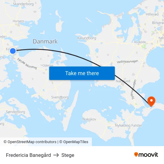 Fredericia Banegård to Stege map