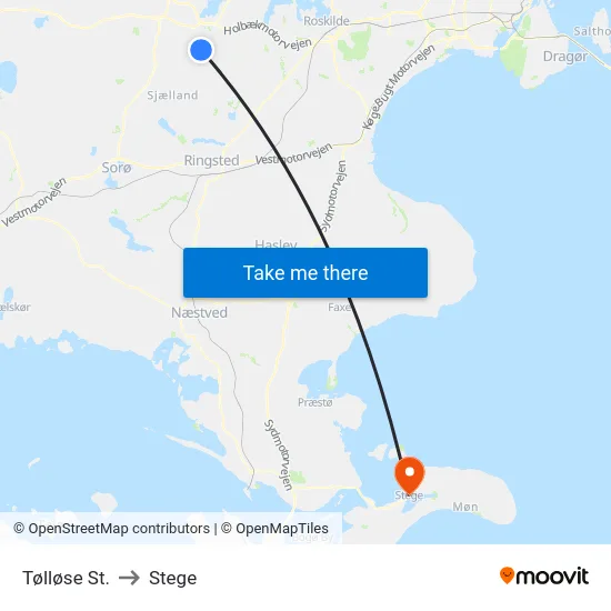 Tølløse St. to Stege map