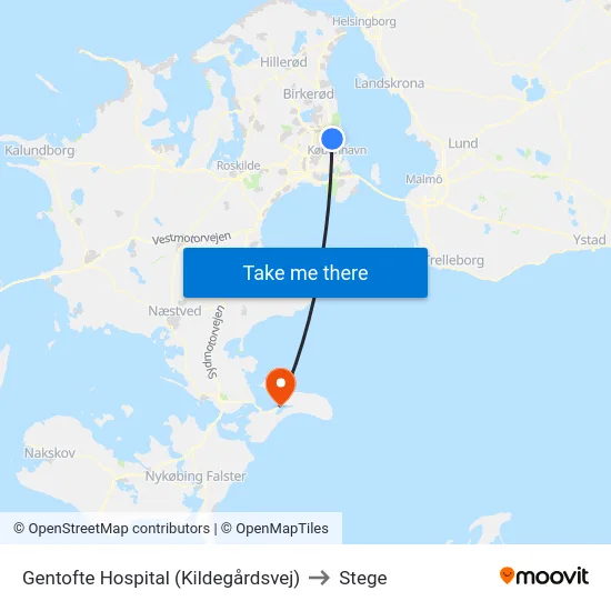 Gentofte Hospital (Kildegårdsvej) to Stege map