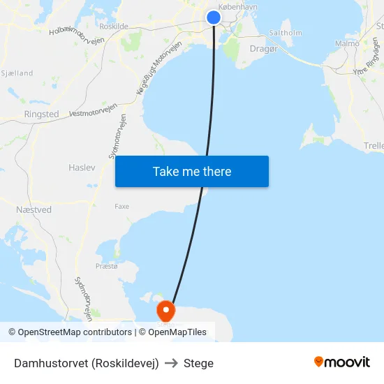 Damhustorvet (Roskildevej) to Stege map