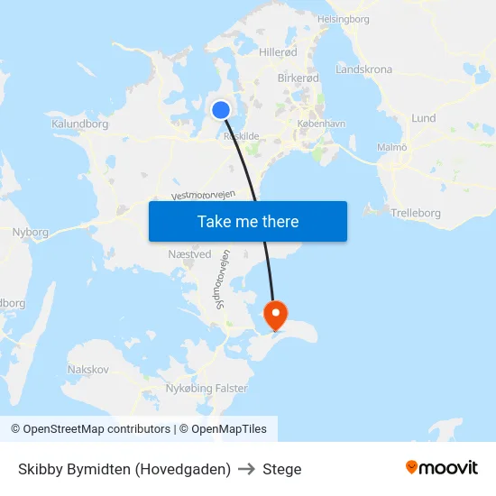 Skibby Bymidten (Hovedgaden) to Stege map