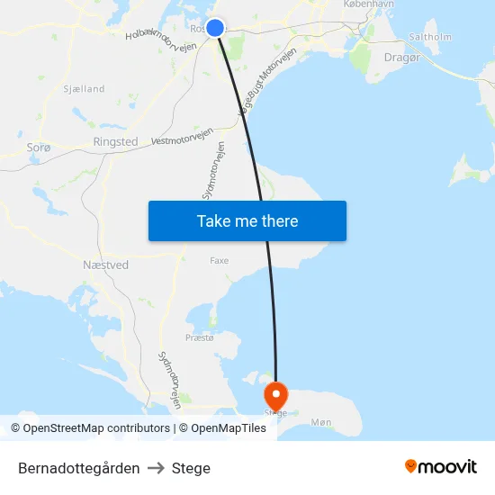 Bernadottegården to Stege map