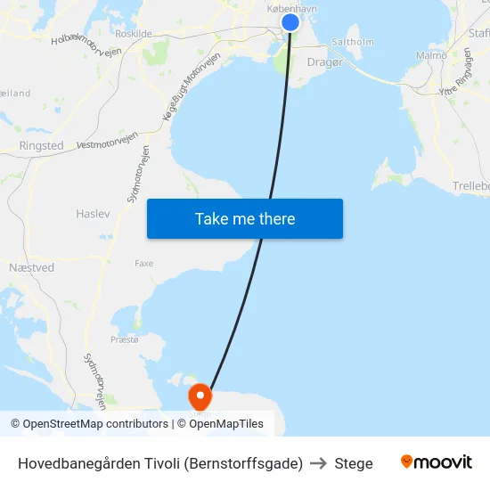 Hovedbanegården Tivoli (Bernstorffsgade) to Stege map