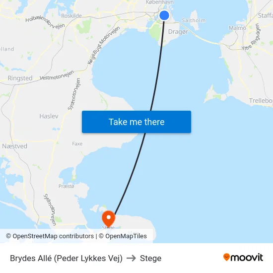 Brydes Allé (Peder Lykkes Vej) to Stege map
