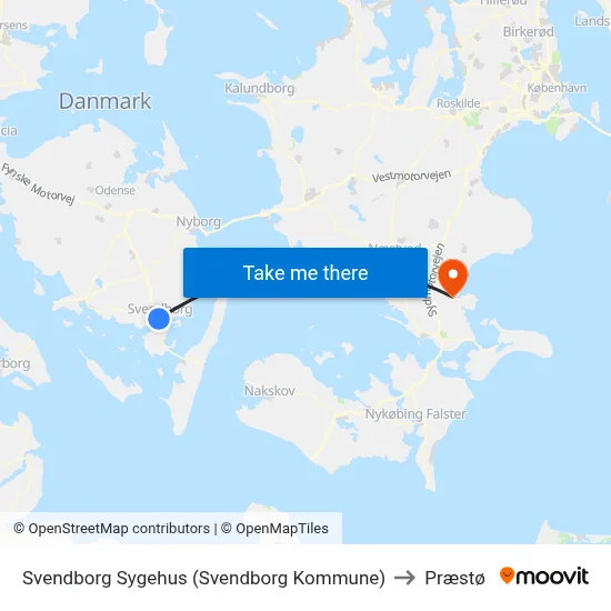 Svendborg Sygehus (Svendborg Kommune) to Præstø map