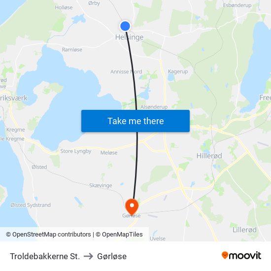 Troldebakkerne St. to Gørløse map