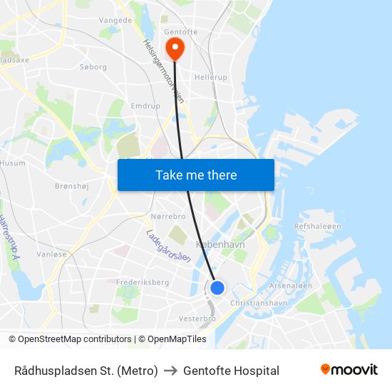 Rådhuspladsen St. (Metro) to Gentofte Hospital map