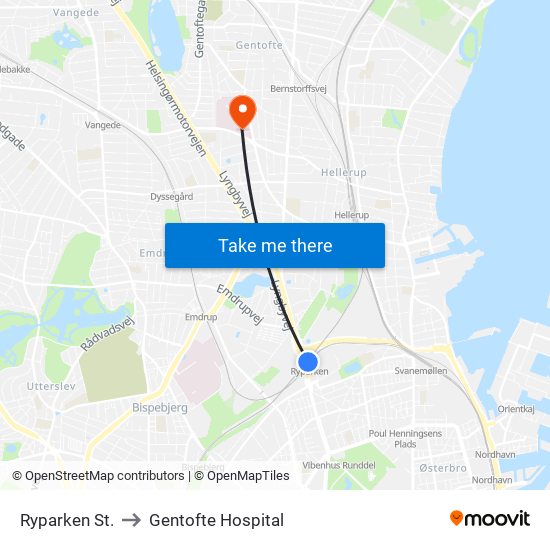 Ryparken St. to Gentofte Hospital map
