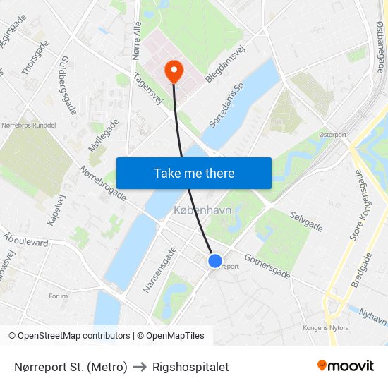 Nørreport St. (Metro) to Rigshospitalet map