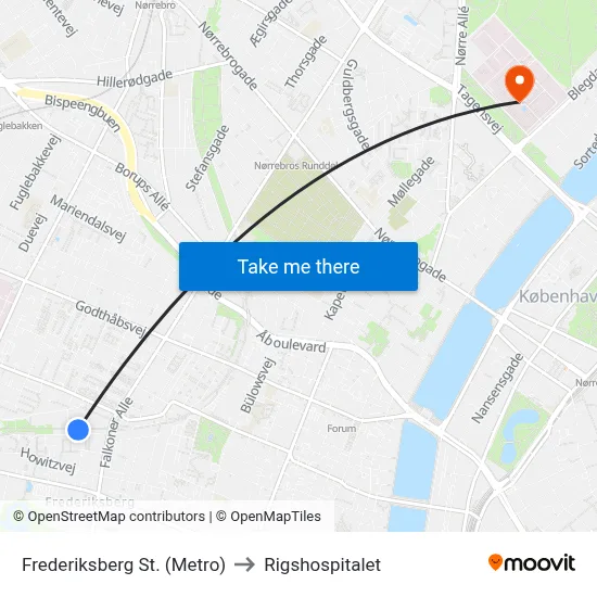 Frederiksberg St. (Metro) to Rigshospitalet map