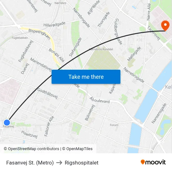 Fasanvej St. (Metro) to Rigshospitalet map