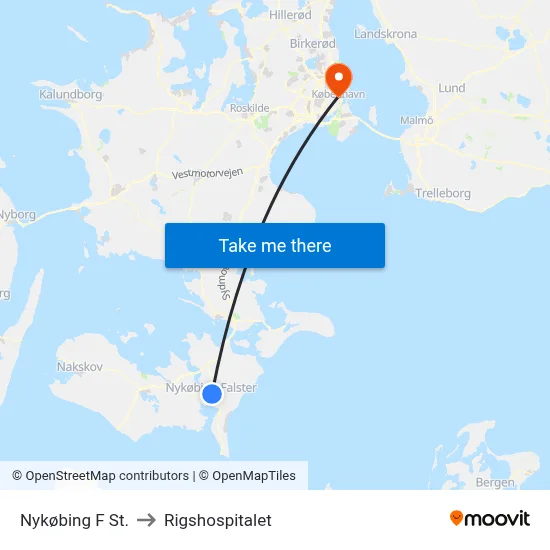 Nykøbing F St. to Rigshospitalet map