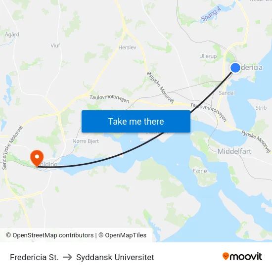 Fredericia St. to Syddansk Universitet map