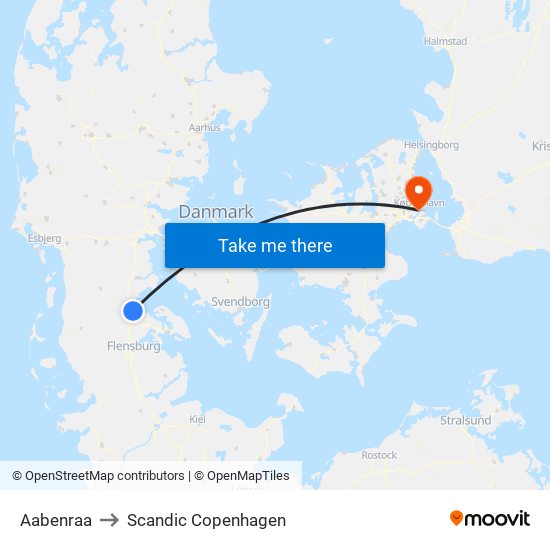 Aabenraa to Scandic Copenhagen map