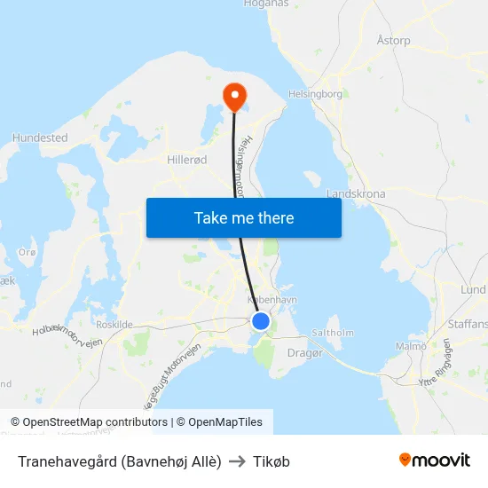 Tranehavegård (Bavnehøj Allè) to Tikøb map