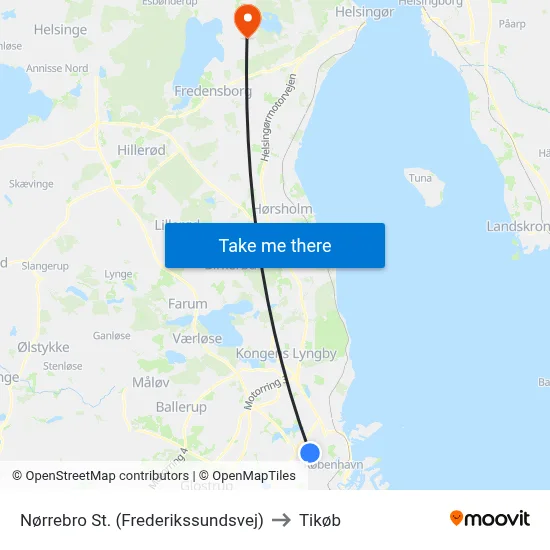 Nørrebro St. (Frederikssundsvej) to Tikøb map