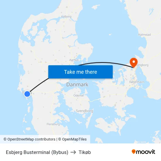 Esbjerg Busterminal (Bybus) to Tikøb map
