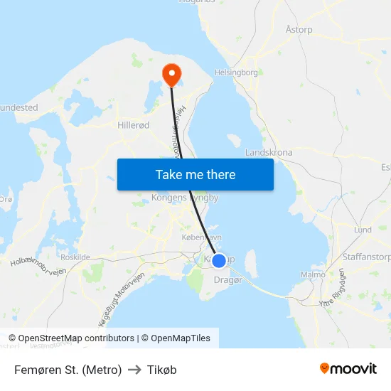 Femøren St. (Metro) to Tikøb map